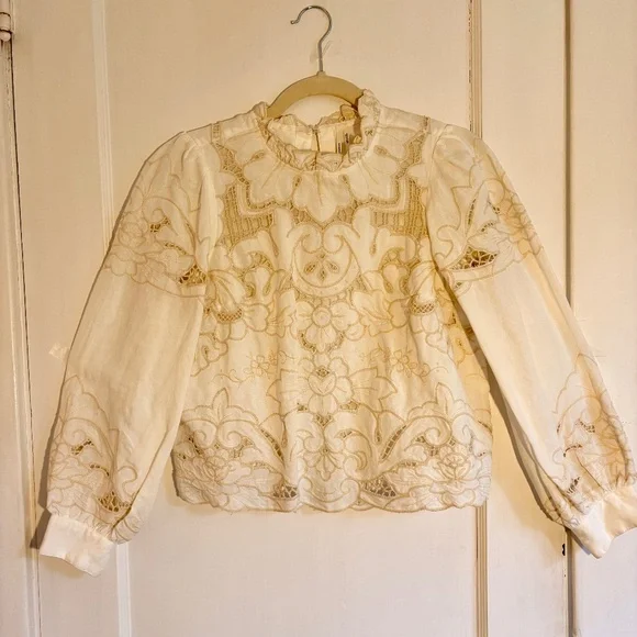 Anthropologie Lainie Long-Sleeve Lace Cutwork Blouse, size XS, Cream - Picture 4 of 8